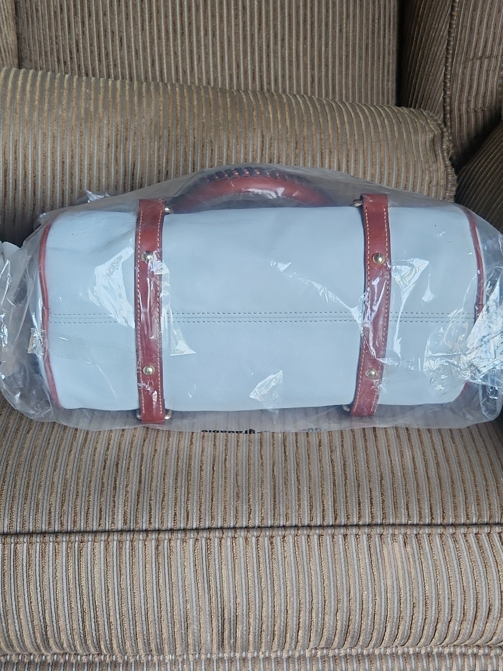 Dooney White Satchel Handbag with Brown Trim - Picture 5 of 5